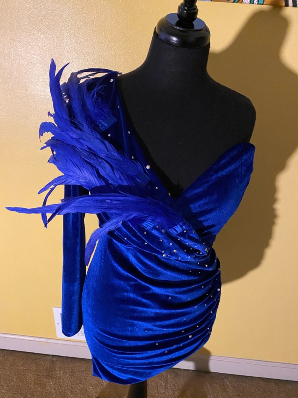 Fashion Nova Cobalt Blue Velvet One-Shoulder Feather Mini Dress
